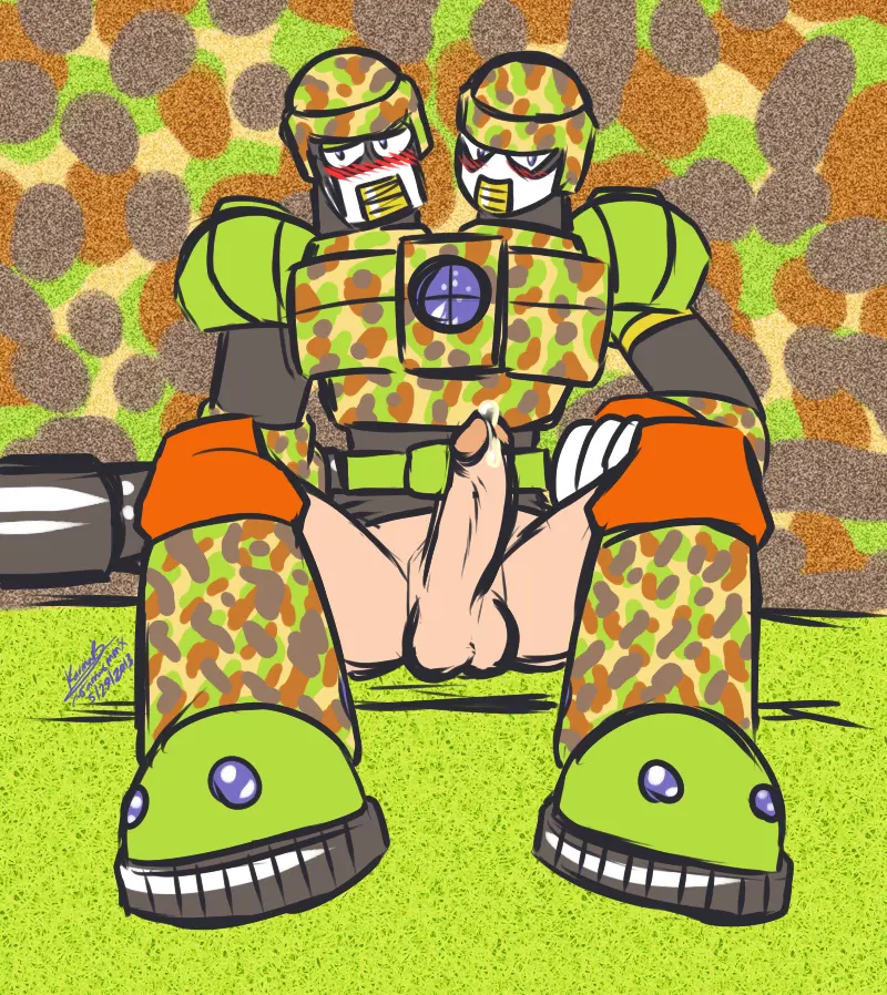 Image blush, looking_at_viewer, cum, male, penis, erection, 2boys, male_only, artist_name, color, 2d, sitting, precum, artist_signature, erect_penis, cumming, 2d_artwork, robot, hand_on_leg, capcom, robot_boy, penis_out, android, sitting_down, conjoined, camo_print, mega_man, camouflage, 2_heads, conjoined_twins, 2013, android_boy, mega_man(classic), mega_man_8, samusmmx, search_man