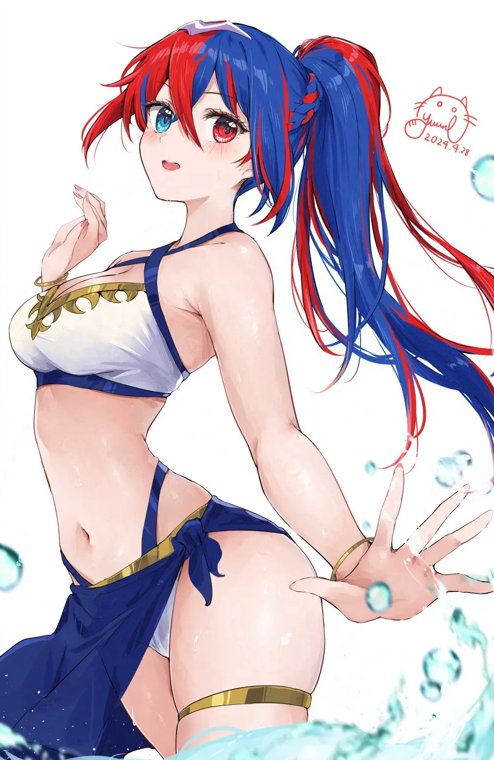 Image 1girls,breasts,female,female_only,highres,looking_at_viewer,red_eyes,simple_background,solo,standing,white_background,blue_eyes,blue_hair,navel,red_hair,bikini,thick_thighs,thighs,multicolored_hair,ponytail,split-color_hair,bare_shoulders,bare_thighs,cleavage,medium_breasts,swimsuit,nintendo,skindentation,white_bikini,official_alternate_costume,alternate_costume,stomach,streaked_hair,fire_emblem,alternate_hairstyle,alear_(fire_emblem),fire_emblem_engage,bare_arms,sarong,alear_(fire_emblem)_(female),official_alternate_hairstyle,white_swimsuit,thighlet,yuuri_(orz_commushows)