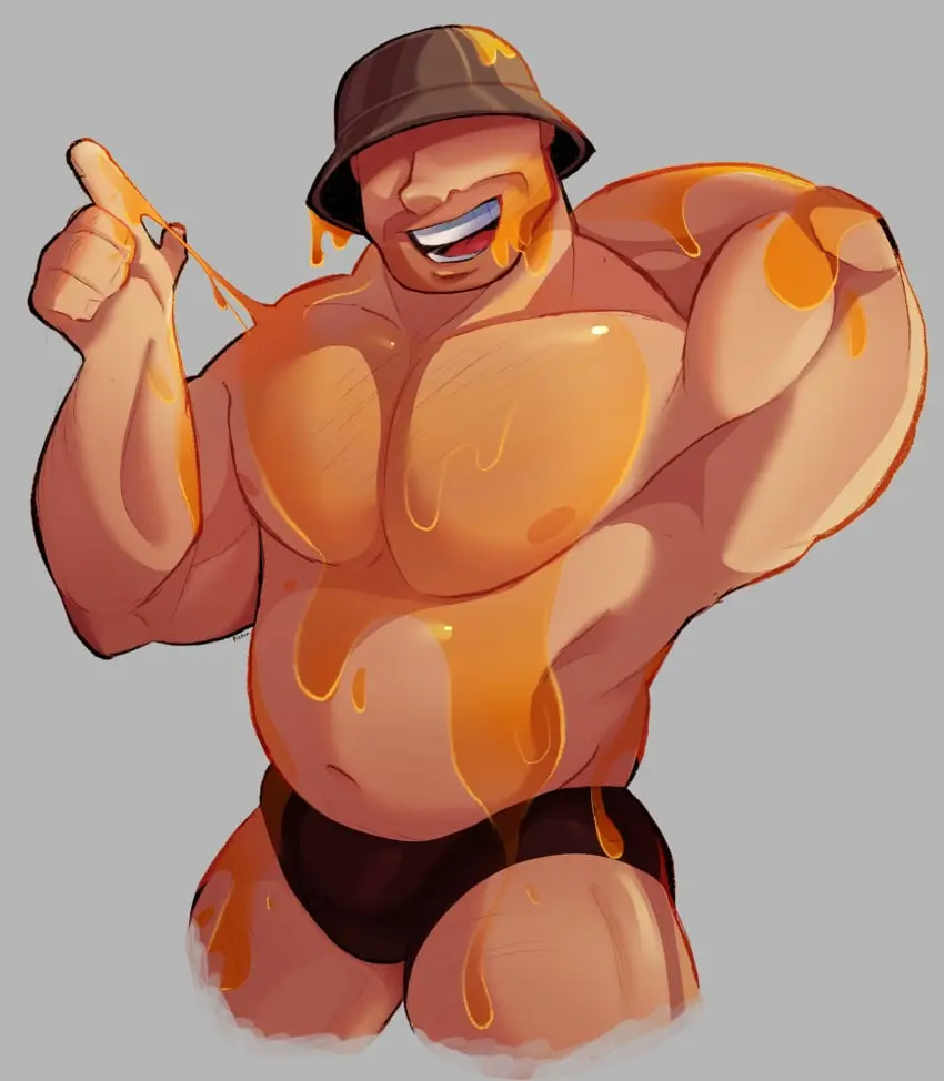Image highres,looking_at_viewer,simple_background,solo,male,underwear,muscular,muscular_male,smiling_at_viewer,male_only,yaoi,belly,big_belly,bara,bulge,big_thighs,solo_male,pectorals,almost_naked,musclegut,honey,flexing,team_fortress_2,tf2,soldier_(team_fortress_2)