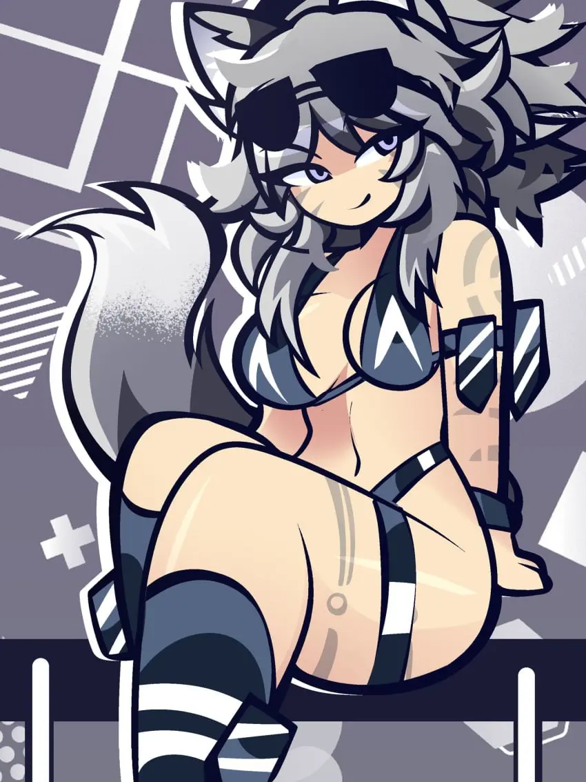 Image 1girls, female, female_only, light-skinned_female, looking_at_viewer, solo, animal_ears, tail, thighhighs, bikini, colored, female_focus, color, solo_female, solo_focus, tattoo, tattoo_on_arm, glasses, tagme, sunglasses_on_head, bikini_top, thigh_highs, bikini_bottom, thigh_strap, glasses_on_head, silver_hair, sunglasses, stripes, striped_legwear, tattoos, half_naked, striped, silver_eyes, tattoo_on_legs, cathie_(rivergravidade), rivergravidade
