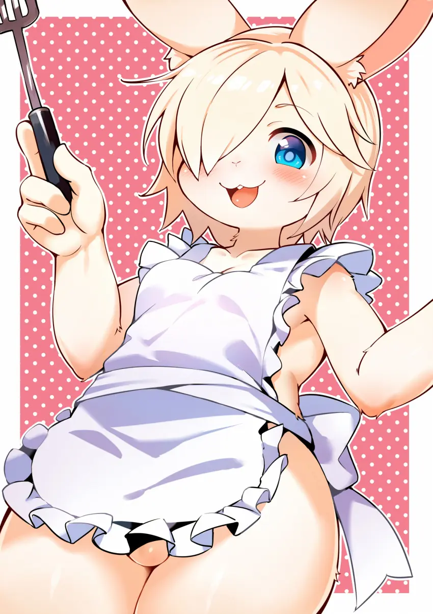 Image blush,highres,looking_at_viewer,solo,white_hair,1boy,animal_ears,blue_eyes,male,furry,thighs,hair_over_one_eye,teeth,original,rabbit_ears,holding,:3,apron,male_focus,androgynous,furry_male,otoko_no_ko,pink_background,white_apron,border,white_border,naked_apron,rabbit_boy,outside_border,spatula,ball_peek,buck_teeth,holding_spatula,tororo_udon