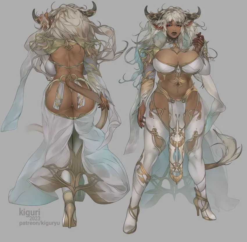 Image 1girls,2023,big_breasts,breasts,clothing,female,female_only,long_hair,looking_at_viewer,solo,white_hair,blue_eyes,tail,white_legwear,ass,dark_skin,horns,original,original_character,dark-skinned_female,heels,legwear,grey_background,back_view,front_view,cow_girl,cow_ears,cow_horns,pelvic_curtain,cow_tail,front_and_back,annabella_(amissaamor),kiguryu