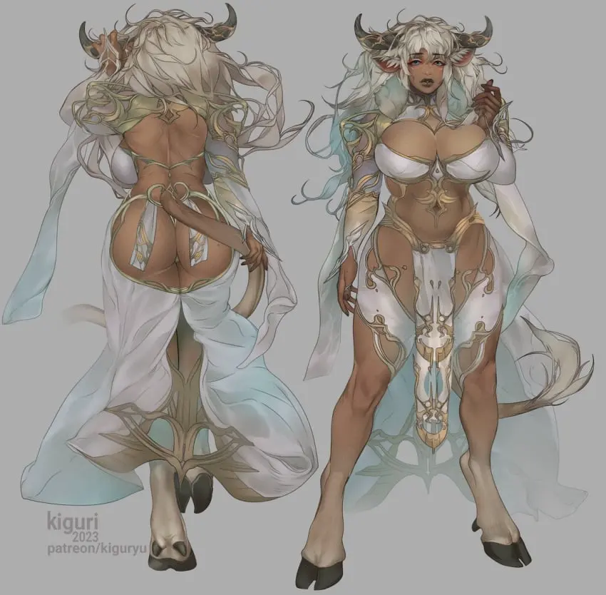 Image 1girls,2023,big_breasts,breasts,female,female_only,long_hair,looking_at_viewer,solo,white_hair,blue_eyes,tail,ass,dark_skin,horns,original,original_character,dark-skinned_female,grey_background,back_view,front_view,cow_girl,hooves,cow_ears,cow_horns,pelvic_curtain,cow_tail,front_and_back,annabella_(amissaamor),kiguryu