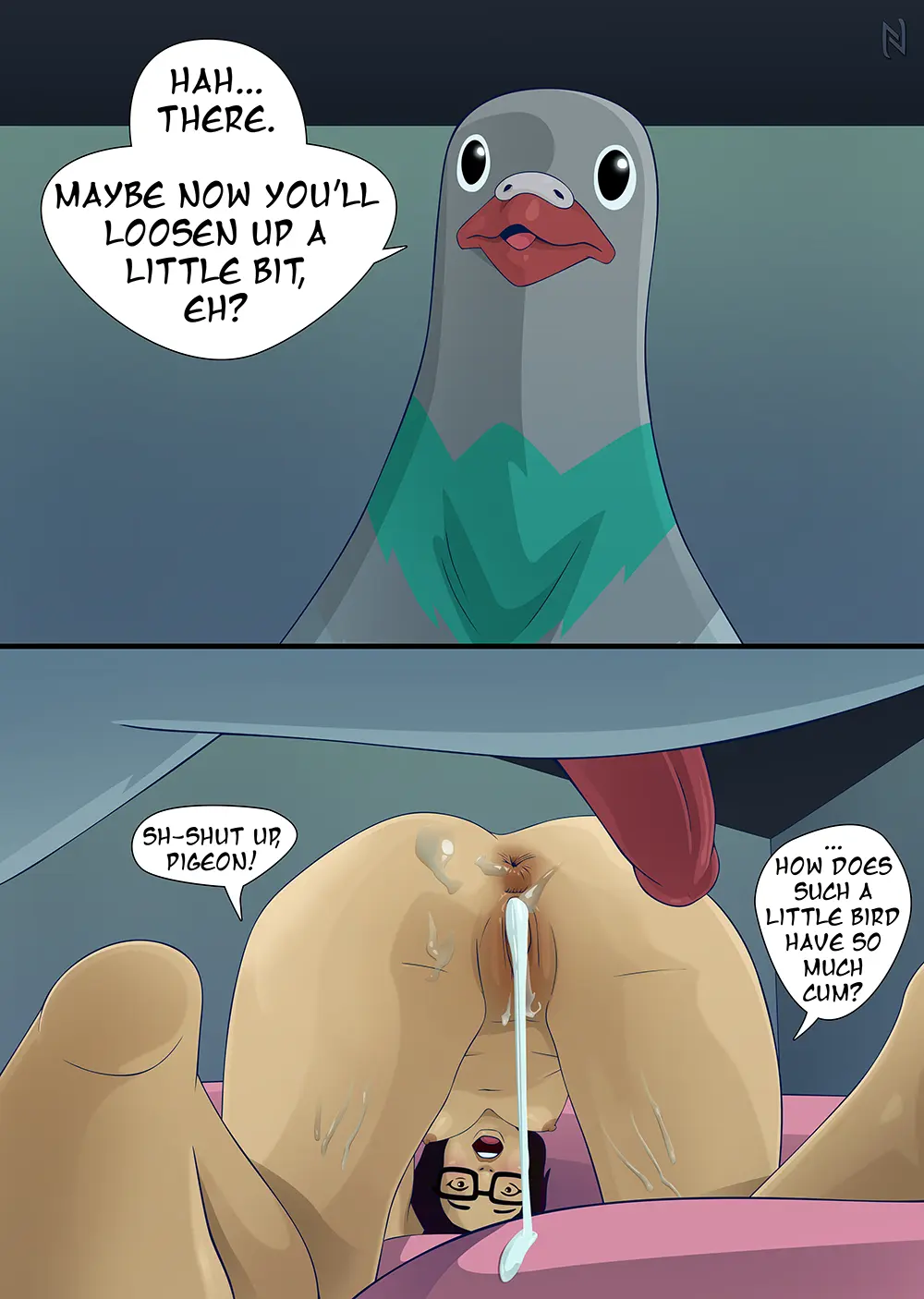 Image 1girls,2023,blush,breasts,female,hi_res,human,nipples,open_mouth,cum,male,penis,pussy,ass,barefoot,duo,areola,feet,eyewear,glasses,male/female,cum_in_pussy,cum_inside,text,anus,after_vaginal,genital_fluids,soles,bodily_fluids,genitals,mammal,english_text,interspecies,avian,bird,asian_female,feral,human_on_feral,zoophilia,adult_swim,nearphotison,columbid,mike_tyson_mysteries,pigeon,yung_hee_tyson