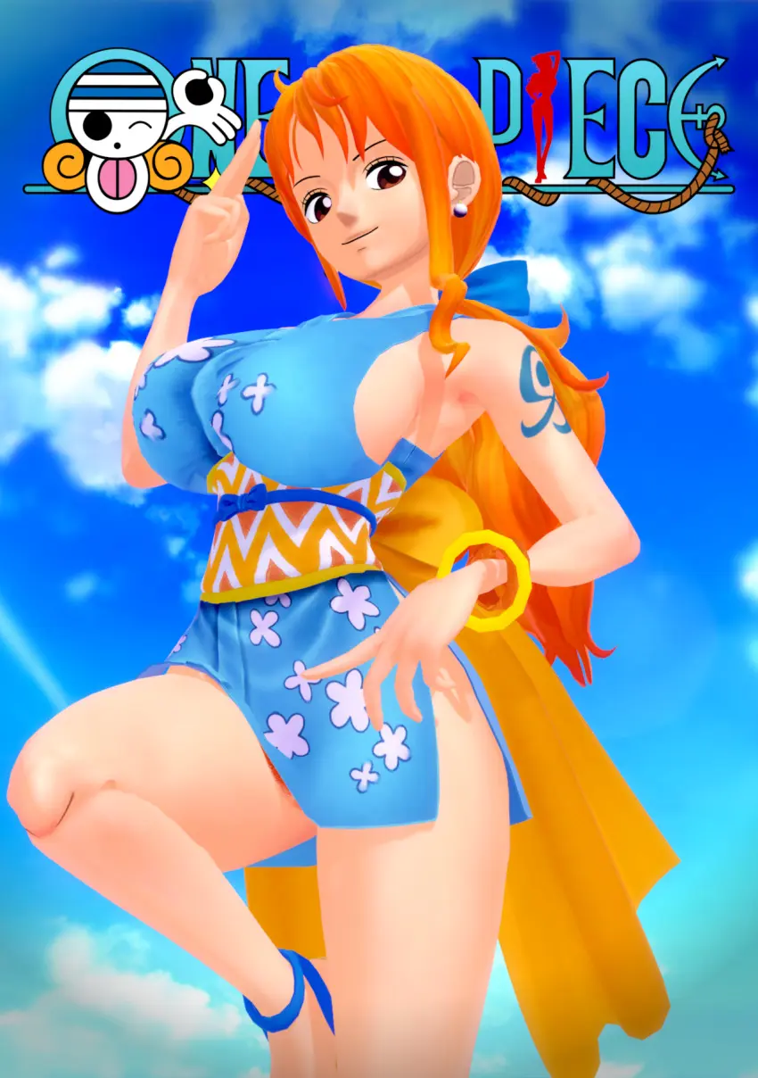 Image breasts, female, female_only, one_piece, blue_tattoo, nami_(one_piece), orange_hair, post-timeskip, tattoo, huge_breasts, artist_request, arm_tattoo, hairy_pussy, orange_hair_female