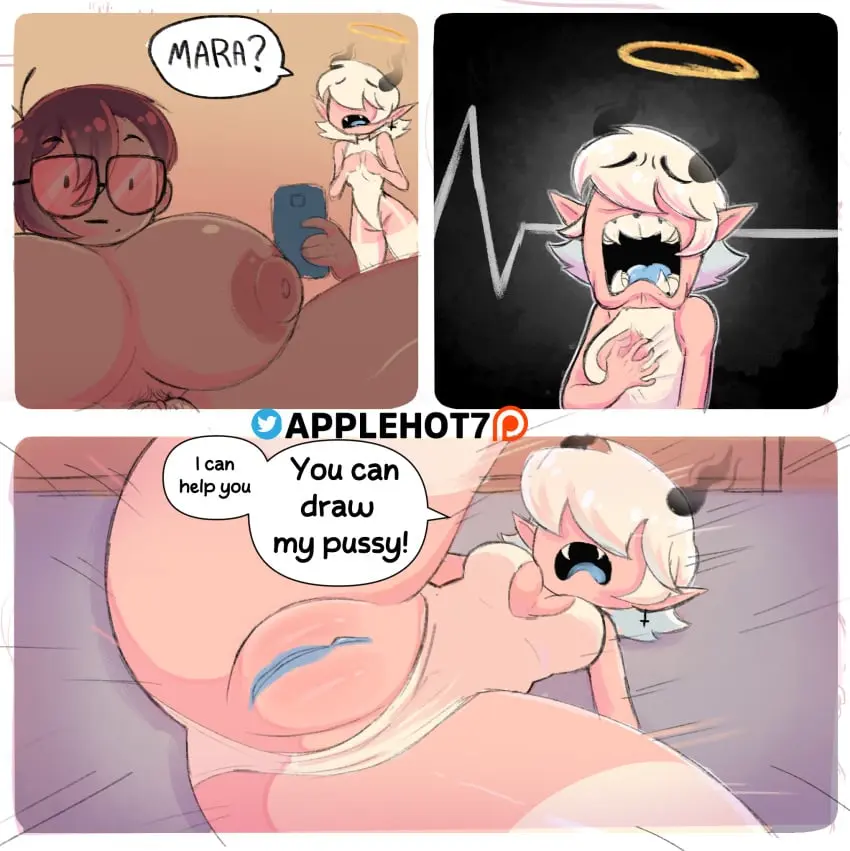 Image breasts,female,nipples,2girls,multiple_girls,nude,small_breasts,thick_thighs,horns,huge_breasts,spread_legs,halo,dark-skinned_female,demon_girl,comic,yuri,english_text,leotard,sad,white_leotard,blue_pussy,applehot,mara_(applehot),jane_(applehot)