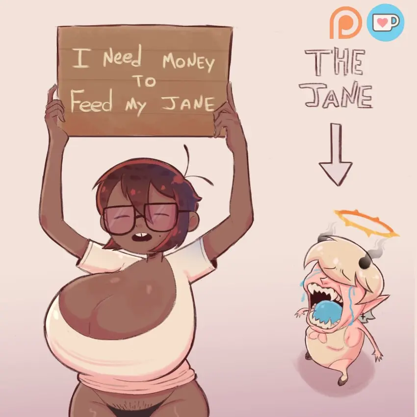 Image breasts,female,standing,2girls,multiple_girls,thick_thighs,dark_skin,cleavage,huge_breasts,crying,original,dark-skinned_female,mole_under_eye,english_text,female_pubic_hair,meme,pubes,buckteeth,chibi,holding_sign,applehot,mara_(applehot),jane_(applehot)