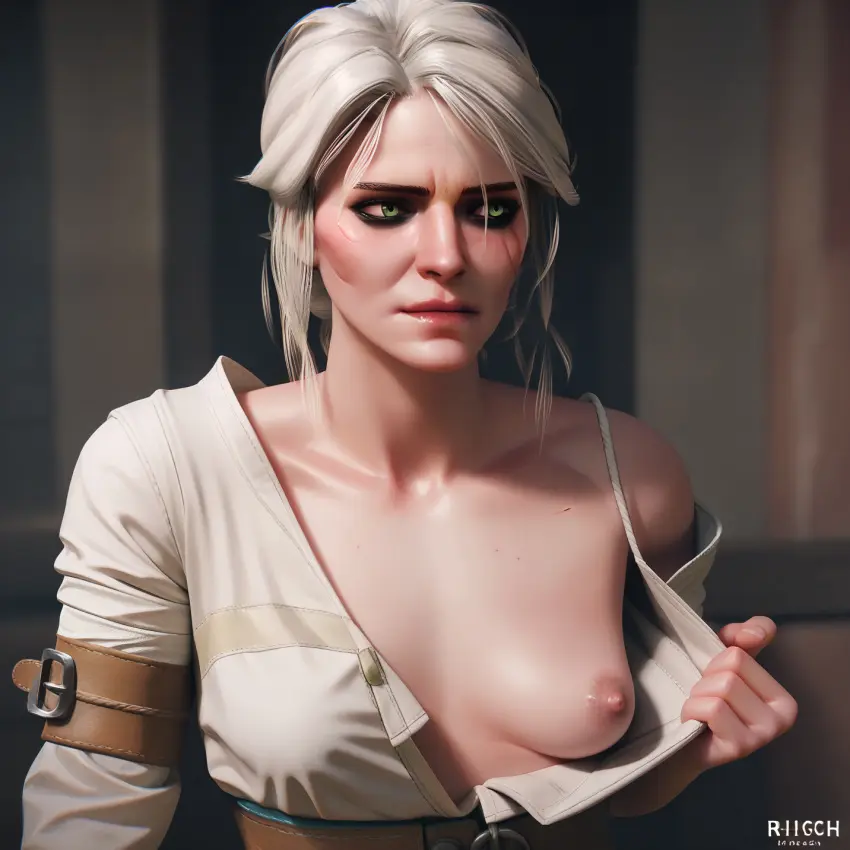 Image breasts,breasts_out,female,light-skinned_female,nipples,solo,white_hair,ai_generated,green_eyes,presenting_breasts,scar,ciri,the_witcher_(series),the_witcher_3:_wild_hunt,kindagoated