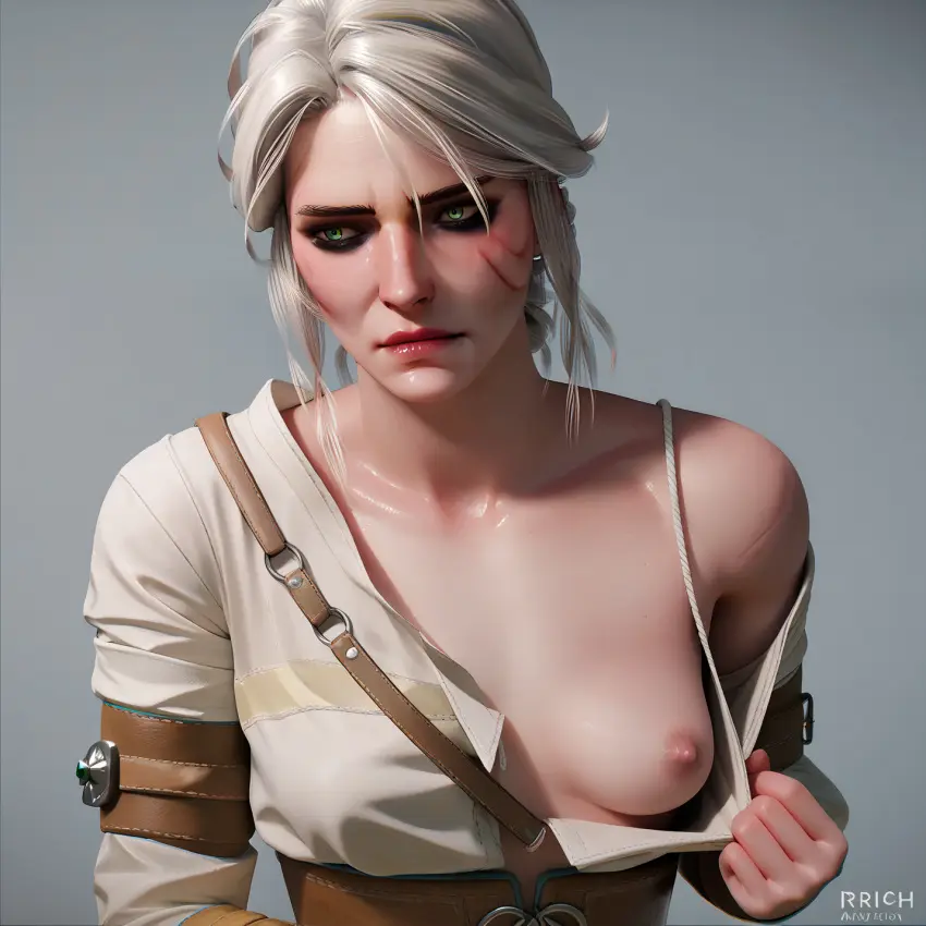 Image breasts,breasts_out,female,light-skinned_female,nipples,solo,white_hair,ai_generated,green_eyes,presenting_breasts,scar,ciri,the_witcher_(series),the_witcher_3:_wild_hunt,kindagoated
