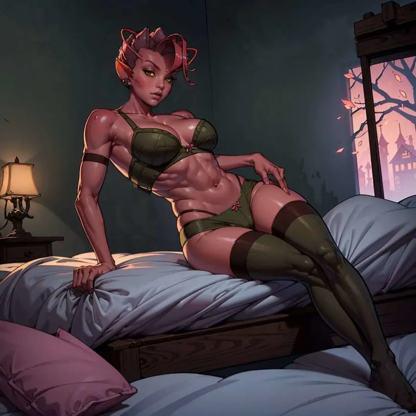 Image female,looking_at_viewer,bra,muscular,ai_generated,lingerie,solo_female,on_bed,fit,fit_female,edit,abs,pink_skin,green_clothing,fairy,dota_2,dark_willow