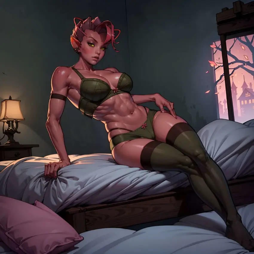 Image female,looking_at_viewer,bra,muscular,ai_generated,lingerie,solo_female,on_bed,fit,fit_female,edit,abs,pink_skin,green_clothing,fairy,upscaled,dota_2,dark_willow