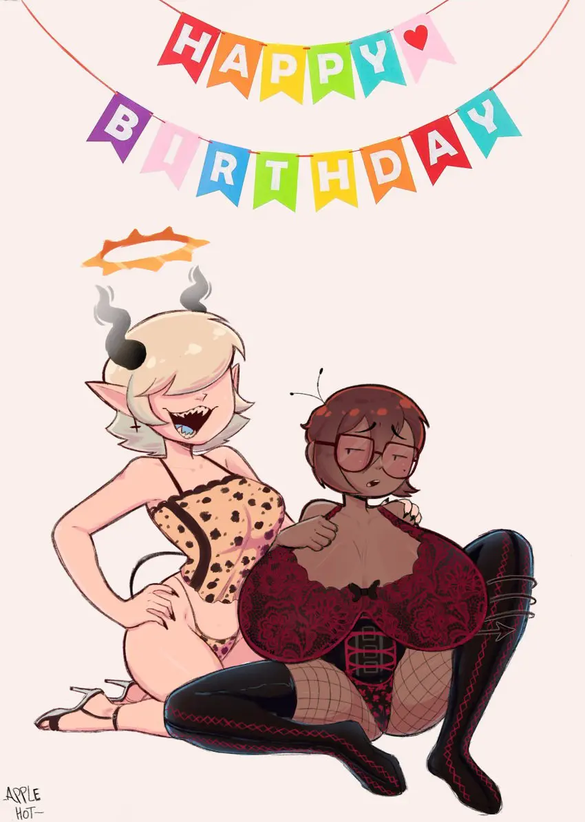 Image breasts,female,2girls,short_hair,thick_thighs,kneeling,dark_skin,glasses,huge_breasts,spread_legs,halo,original,brown_hair,dark-skinned_female,demon_girl,english_text,fishnets,happy_birthday,applehot,mara_(applehot),jane_(applehot)