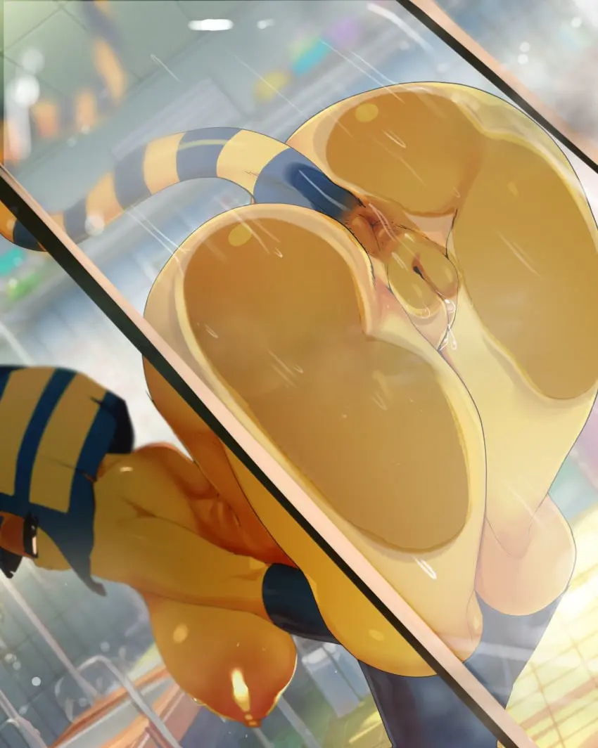 Image breasts, female, highres, nipples, solo, absurdres, blue_hair, nude, pussy, tail, furry, ass, looking_back, thighs, uncensored, multicolored_hair, cat_girl, from_behind, huge_breasts, furry_female, anus, blonde_hair, half-closed_eyes, wet, socks, cat_tail, nintendo, bent_over, ass_focus, animal_crossing, ankha, ankha_(animal_crossing), egyptian, colored_skin, arched_back, yellow_skin, bob_cut, against_glass, ass_on_glass, english_commentary, kneehighs, pressed_on_glass, ashraely, pussy_on_glass