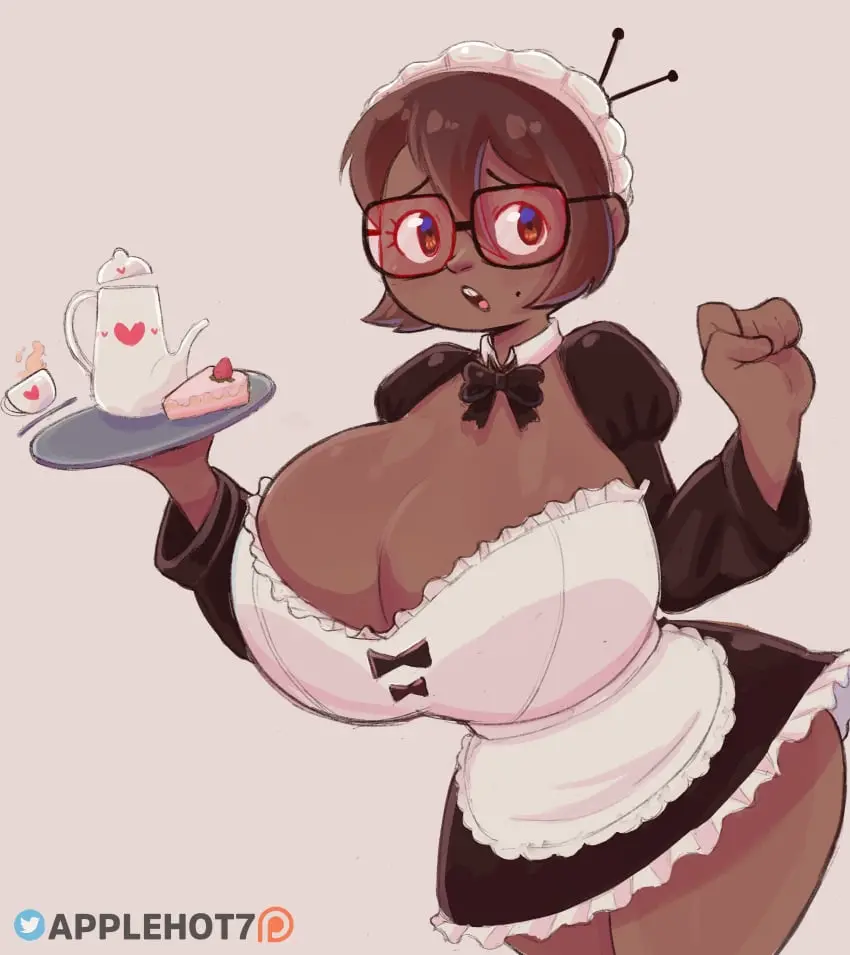Image 1girls,big_breasts,breasts,female,looking_at_viewer,open_mouth,solo,standing,short_hair,thick_thighs,voluptuous,dark_skin,wide_hips,cleavage,eyelashes,glasses,huge_breasts,original,mole,brown_hair,dark-skinned_female,mole_under_eye,maid,black_dress,buckteeth,w_arms,applehot,mara_(applehot)