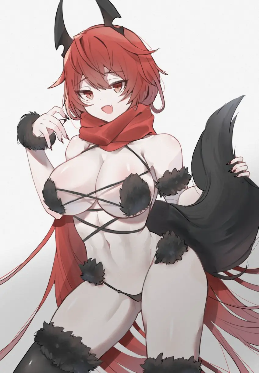 Image breasts,female,large_breasts,smile,cute_fang,skin_fang,thick_thighs,wide_hips,nail_polish,contrapposto,goddess_of_victory:_nikke,painted_nails,sharp_nails,black_nails,red_hood_(nikke),wolf_costume,claw_pose,holding_tail,fur_bikini,mash_kyrielight_(dangerous_beast)_(cosplay),dangerous_beast