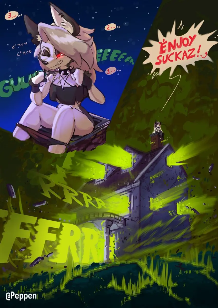 Image 1girls,female,female_only,furry,colored,female_focus,color,anthro,one_eye_closed,wolf,panties_down,hellhound,helluva_boss,loona_(helluva_boss),destruction,fart,fart_cloud,fart_fetish,eproctophillia,fart_everywhere,green_fart,hyper_fart,stomach_growling,fart_explosion,peppen_(artist),stomach_gurgle,stomach_gurgling