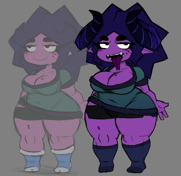 Image blush, looking_at_viewer, thick_thighs, freckles, horns, purple_skin, sharp_teeth, elf_ears, shortstack, transformation, horny, beezy_(beezyloove), leewzeelove, split_tongue