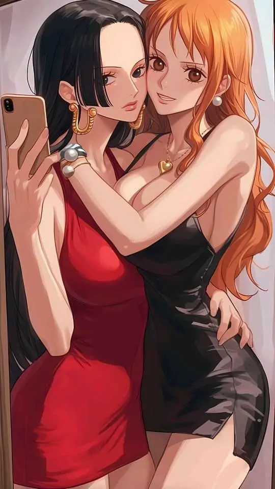 Image big_breasts,breasts,female,female_only,long_hair,looking_at_viewer,2girls,black_hair,thick_thighs,one_piece,wide_hips,ai_generated,nami_(one_piece),orange_hair,post-timeskip,dress,artist_request,skirt,slim_waist,tight_clothing,tight_fit,hugging,bare_legs,bob_cut,embrace,tight_clothes,boa_hancock,tall_female,photo,embracing