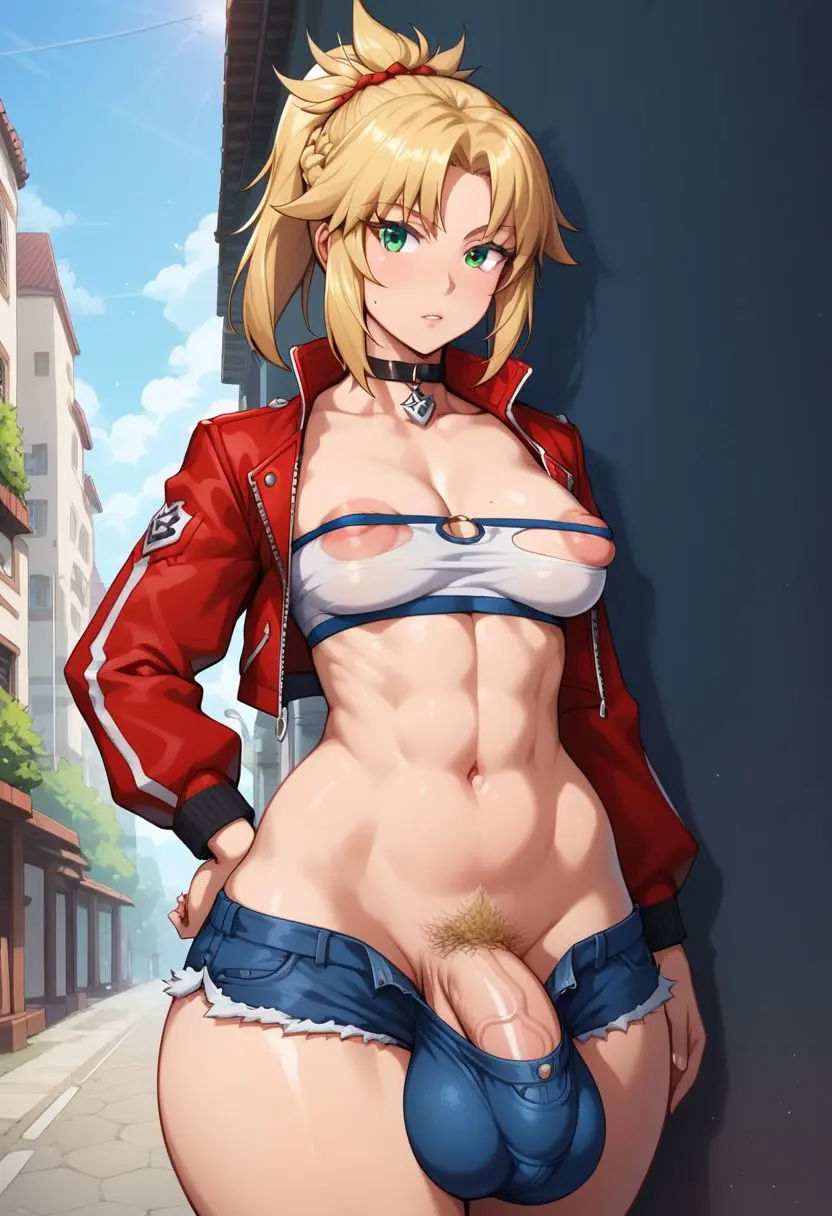 Image solo,penis,short_hair,choker,1futa,futanari,intersex,ponytail,ai_generated,balls,blonde_hair,green_eyes,testicles,futa_only,pubic_hair,bulge,flaccid,huge_balls,nipples_visible_through_clothing,fate_(series),red_jacket,ball_bulge,tubetop,kunaboto_(style),mordred_(fate),crotch_bulge