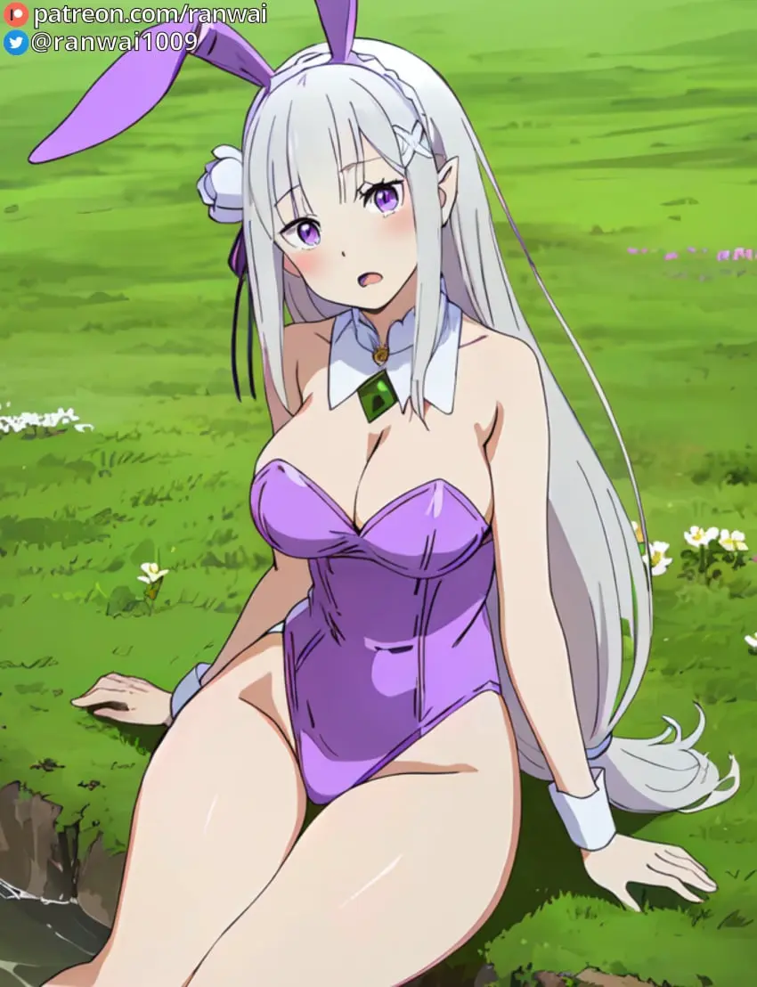 Image breasts,female,large_breasts,white_hair,ai_generated,stable_diffusion,sitting,purple_eyes,bunny_girl,re:zero_kara_hajimeru_isekai_seikatsu,bunnysuit,anime,ranwai,emilia_(re:zero)