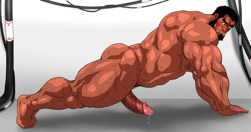 Image blush,solo,male,nude,penis,sweat,erection,muscular,male_only,yaoi,balls,bara,sweating,solo_male,boner,beard,muscles,facial_hair,hitenmaru