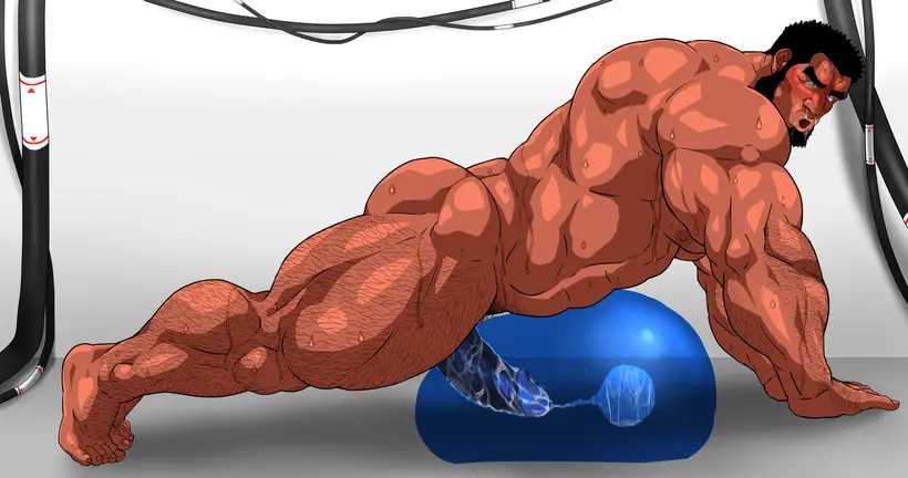 Image blush,solo,male,nude,penis,sweat,erection,muscular,male_only,yaoi,balls,bara,sex_toy,sweating,solo_male,boner,penetrable_sex_toy,beard,muscles,facial_hair,hitenmaru,penetrating_toy