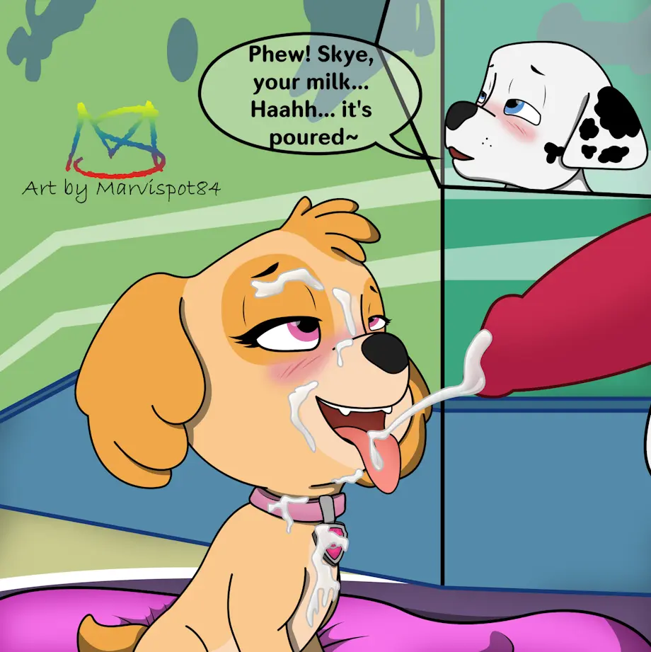 Image blush, female, open_mouth, white_hair, black_hair, cum, cum_on_face, male, penis, tail, tongue_out, tongue, white_skin, duo, erection, pleasure_face, watermark, eyes, balls, male/female, text, pink_eyes, cock, collar, canid, canine, canis, domestic_dog, dialogue, black_body, looking_at_another, erect_penis, swallowing, swallowing_cum, dialog, dialogue_box, speech, white_body, speech_bubble, signature, canine_genitalia, canine_penis, white_fur, feral, semen, feral_on_feral, ballsack, black_fur, female/male, spotted_body, dalmatian, dialogue_bubble, nickelodeon, cuming, cub, nicktoons, speech_bubbles, mouth_shot, nick_jr, erected_penis, paw_patrol, marshall_(paw_patrol), skye_(paw_patrol), buuble, hard, marvispot84, spoys
