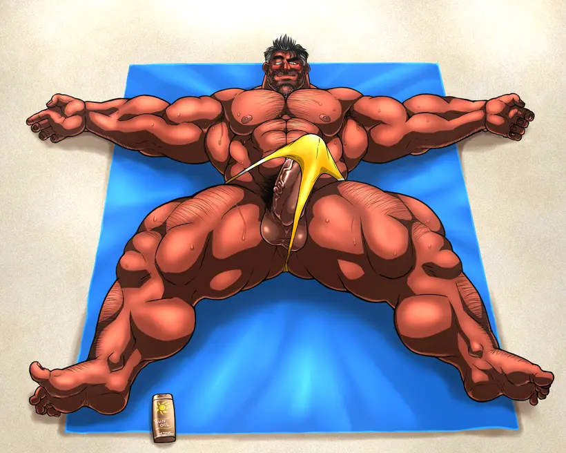 Image solo,male,penis,sweat,erection,muscular,male_only,yaoi,balls,spread_legs,bara,erection_under_clothes,thong,sweating,solo_male,boner,muscles,lying_on_back,hitenmaru