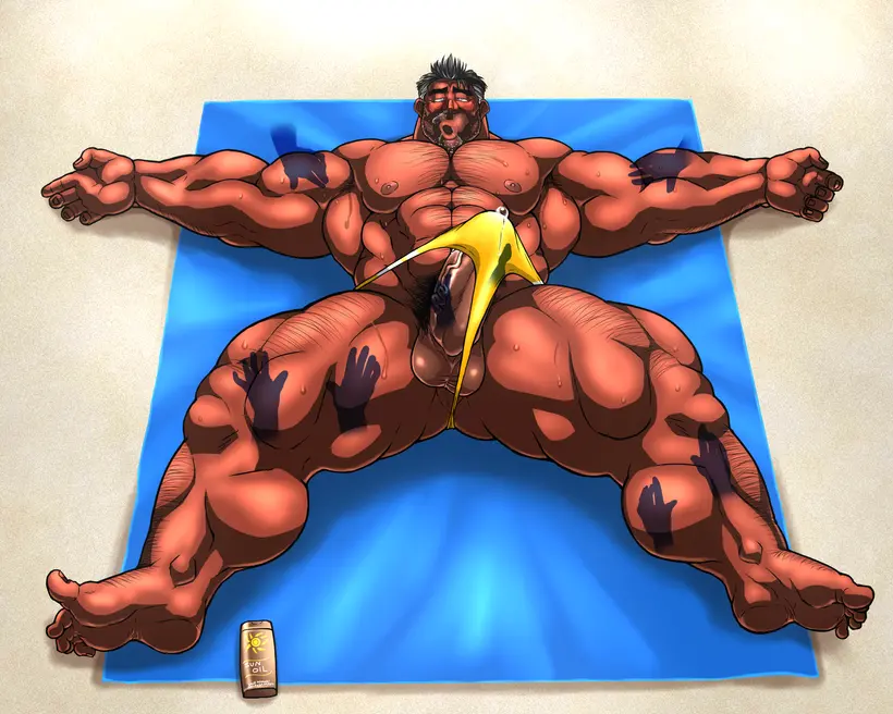 Image male,penis,sweat,erection,muscular,male_only,yaoi,balls,spread_legs,bara,erection_under_clothes,thong,sweating,disembodied_hands,boner,muscles,lying_on_back,hitenmaru