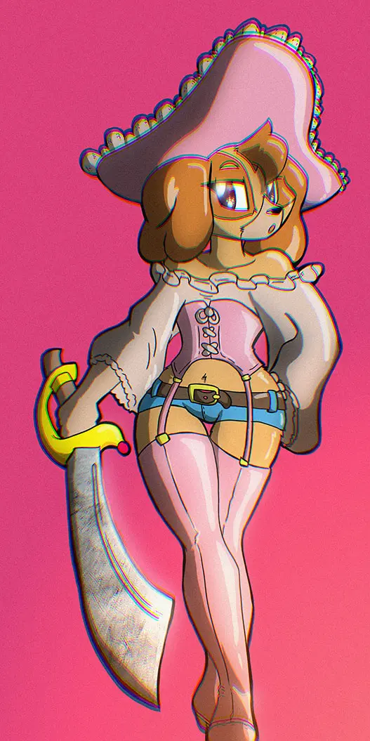 Image clothed,clothing,female,simple_background,background,anthro,canid,canine,canis,domestic_dog,anthrofied,flat_chest,anthropomorphic,sword,pirate,paw_patrol,skye_(paw_patrol),cockapoo,theburningdonut
