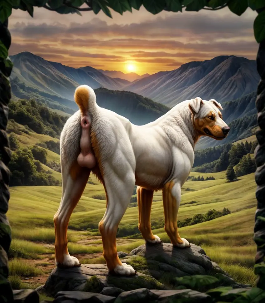 Image hi_res,looking_at_viewer,solo,standing,male,ass,looking_back,orange_eyes,ai_generated,balls,anus,presenting,canid,canine,canis,domestic_dog,fur,genitals,mammal,multicolored_body,multicolored_fur,detailed,white_body,outside,tree,presenting_hindquarters,brown_fur,plant,brown_body,detailed_background,white_fur,short_tail,looking_back_at_viewer,feral,perineum,floppy_ears,rock,grass,puffy_anus,rottweiler,pink_anus,sunrise,blp,mountains,detailed_fur,mastiff,molosser,short_fur,field,landscape