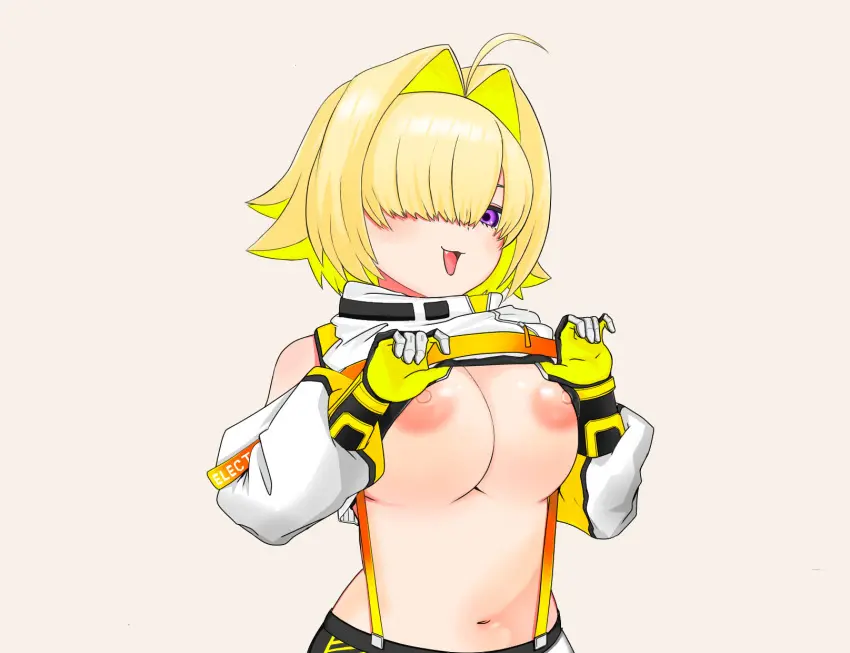 Image 1girls,blush,breasts,exposed_breasts,female,female_only,no_bra,open_mouth,simple_background,suspenders,short_hair,cute_fang,belly_button,midriff,blonde_hair,purple_eyes,ahoge,goddess_of_victory:_nikke,shirt_lift,elegg_(nikke),hair_over_eyes