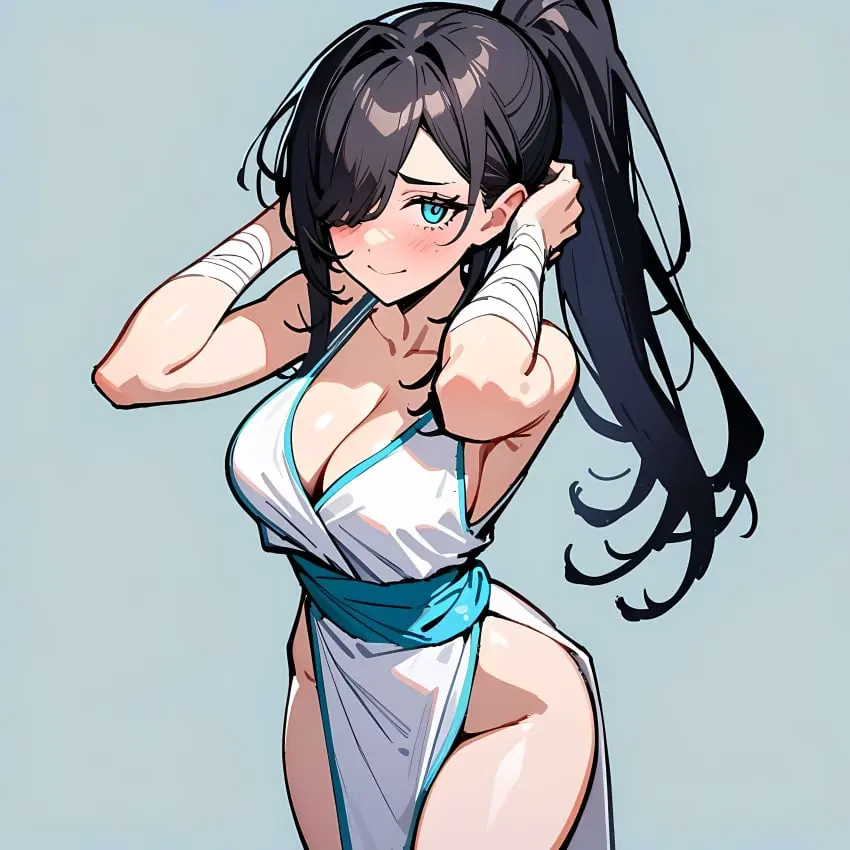 Image 1girls,breasts,clothed,clothing,female,black_hair,thighs,hair_over_one_eye,ponytail,ai_generated,cleavage,clothed_female,clothes,medium_breasts,dress,plain_background,sleeveless_dress,turquoise_eyes,white_dress,sleeveless,bandage,bandaged_arm,bandages,video_game_character,chinese_clothes,traditional_clothes,pelvic_curtain,loincloth,china_dress,side_slit,soul_knight,ninja_girl,sword_master_(soul_knight),waist_sash