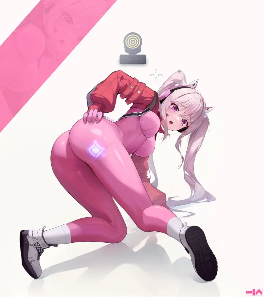 Image 1girls,blush,breasts,female,female_only,open_mouth,solo,white_hair,ass,pink_hair,medium_breasts,pink_eyes,twintails,tight_clothing,goddess_of_victory:_nikke,on_knees,ass_focus,bodysuit,fully_clothed,png,on_floor,alice_(nikke),touching_ass,enoch1368