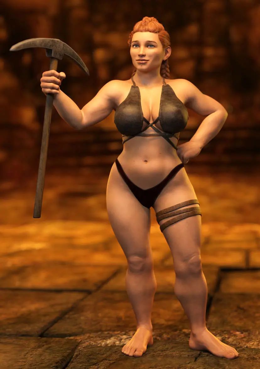Image 1girls,female,bikini,orange_hair,swimsuit,original,3d,black_bikini,short_stack,dwarf,dwarf_female,pickaxe,ironclawroo