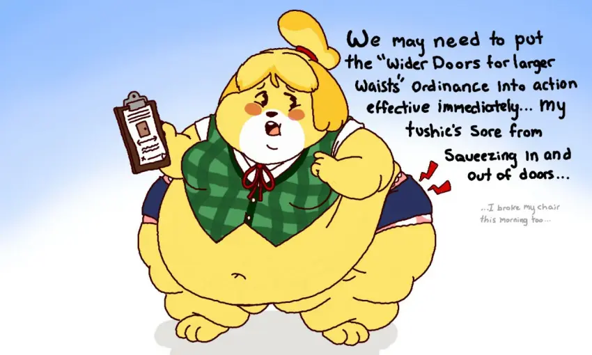 Image female,solo,big_ass,looking_back,text,nintendo,animal_crossing,isabelle_(animal_crossing),obese,wardrobe_malfunction,pink_panties,black_text,fat_legs,stretched_clothing,polka_dot_panties,clipboard,fat_arms,in_pain,chubby_cheeks,fawxen,flabby_legs,stretched_underwear
