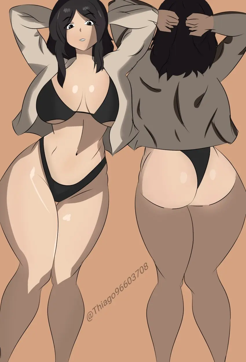 Image 1girls,breasts,female,female_only,large_breasts,looking_at_viewer,open_clothes,solo,black_hair,bikini,ass,wide_hips,arms_behind_head,black_eyes,multiple_views,ass_focus,back_view,front_view,bad_hands,attack_on_titan,pieck_finger,tfa_(artist)