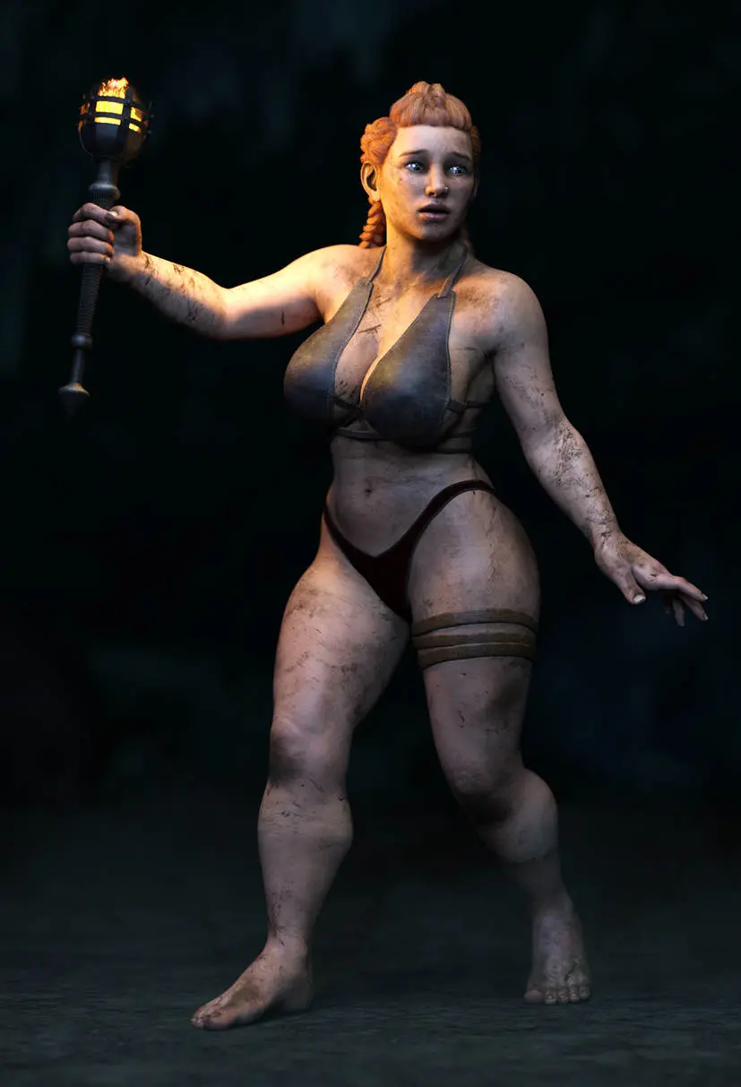Image 1girls,female,bikini,orange_hair,original,3d,black_bikini,dirty,dwarf,torch,dwarf_female,ironclawroo