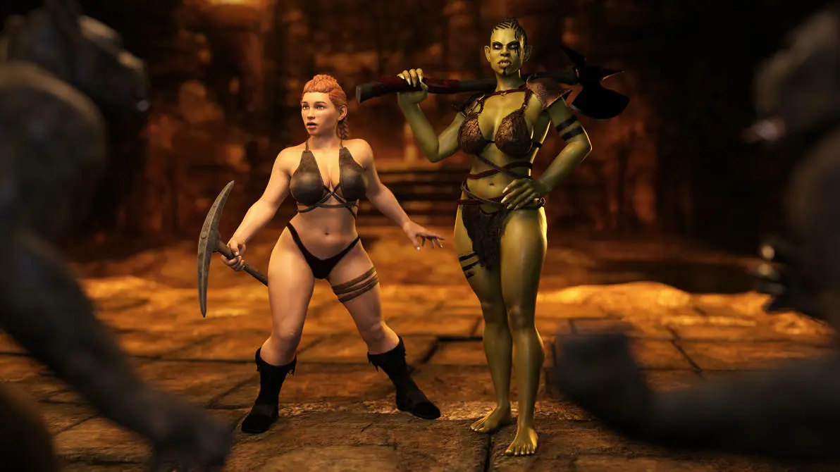 Image female,2girls,bikini,orange_hair,green_skin,original,3d,black_bikini,weapon,orc,orc_female,green-skinned_female,loincloth,dwarf,axe,dwarf_female,pickaxe,ironclawroo