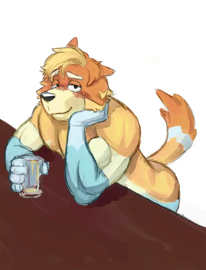 Image blush,looking_at_viewer,solo,white_background,male,seductive,muscular,muscular_male,yaoi,bara,canid,canine,canis,domestic_dog,mammal,black_eyes,orange_body,blue_body,solo_male,abs,blush_lines,table,bluey_(series),muscles,dog_tail,beverage,cup,hair_tuft,glass_cup,drink,head_on_hand,hand_on_cheek,australian_cattle_dog,holding_glass_cup,arms_on_table,elbow_on_table,hugo92_official,radley_heeler