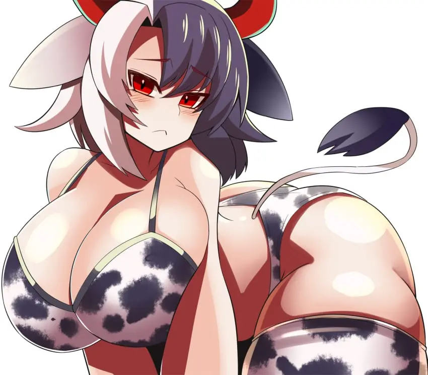 Image 1girls,big_breasts,blush,breasts,female,light-skinned_female,red_eyes,solo,touhou,white_background,white_hair,animal_ears,black_hair,tail,thick_thighs,thighs,multicolored_hair,horns,solo_female,cow_print,mature_female,cow_girl,cow_print_bikini,cow_ears,red_horns,cow_tail,cow_print_thighhighs,urumi_ushizaki,xialu_zajin