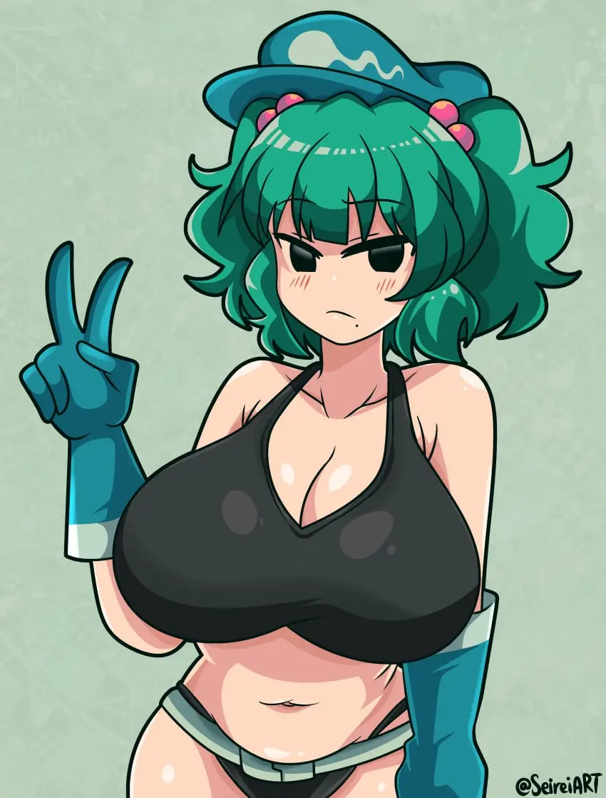 Image 1girls,big_breasts,breasts,female,light-skinned_female,solo,touhou,gloves,hat,thick_thighs,thighs,watermark,artist_name,cleavage,solo_female,mole,green_hair,belt,thong,mole_under_mouth,green_background,annoyed,tank_top,turquoise_hair,peace_sign,barely_clothed,mole_(marking),v_sign,beauty_mark,long_gloves,mob_face,rubber_gloves,nitori_kawashiro,seireiart,nono_(notnoe)