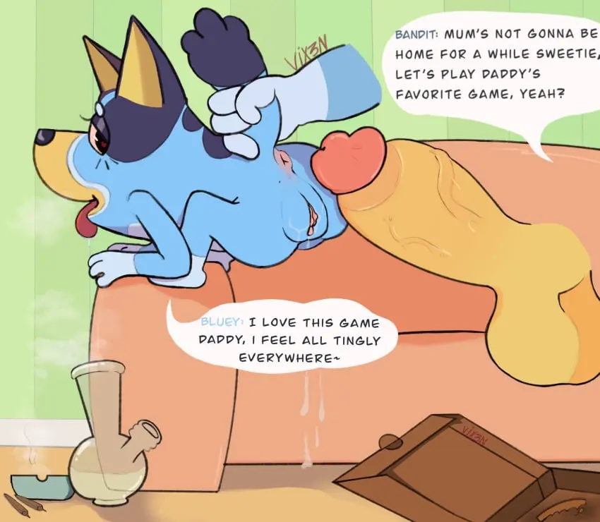 Image female, red_eyes, heart-shaped_pupils, male, furry, doggy_style, bent_over, canine, incest, younger_female, father_and_daughter, bluey_(series), high, smoking, weed, heart_eyes, tail_grab, bluey_(show), drugs, cub, floating_hands, floating_penis, drugged, drugged_sex, couch_sex, father_and_child, bandit_heeler, bandit_(bluey), bluey_heeler, vix3n_(artist)