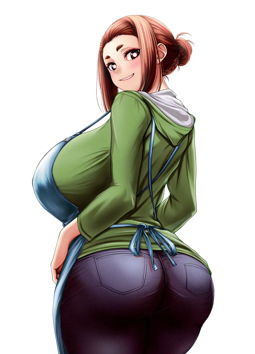 Image 1girls,big_breasts,breasts,brown_eyes,clothing,female,female_only,large_breasts,pants,shirt,smile,solo,ass,big_ass,looking_back,solo_female,hair,huge_breasts,brown_hair,alternate_version_available,back,apron,back_view,topwear,hair_bun,bottomwear,black_pants,kaii_to_otome_to_kamikakushi,sumireko_ogawa,green_shirt,blue_apron,osuzu_akiomi