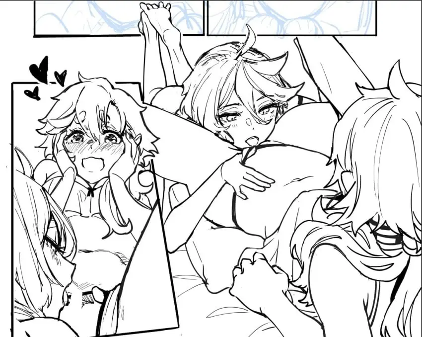 Image blush, female, long_hair, open_mouth, smile, 2girls, multiple_girls, oral, tongue_out, lying, on_back, panties, tongue, underwear, panties_aside, feet_up, on_stomach, monochrome, looking_at_another, yuri, thick_eyebrows, clothing_aside, commentary_request, heart, cunnilingus, greyscale, gundam, gundam_suisei_no_majo, miorine_rembran, mitsu_(tendou_itsuki), suletta_mercury