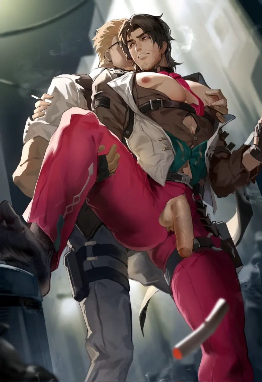 Image highres,looking_at_viewer,nipples,pants,standing,licking,male,penis,short_hair,looking_back,thighs,uncensored,dark-skinned_male,dark_skin,muscular,muscular_male,2boys,male_only,yaoi,ass_visible_through_thighs,blonde_hair,spread_legs,gay,bara,multiple_boys,flaccid,grabbing,grabbing_from_behind,thick_eyebrows,feet_out_of_frame,male_focus,necktie,pectorals,facial_hair,large_pectorals,bare_pectorals,honkai:_star_rail,mature_male,honkai_(series),pectoral_grab,stubble,leg_lift,beard_stubble,goatee,gallagher_(honkai:_star_rail),woolsey_(honkai:_star_rail),aussummer,licking_another's_cheek,licking_another's_face,whitewashed
