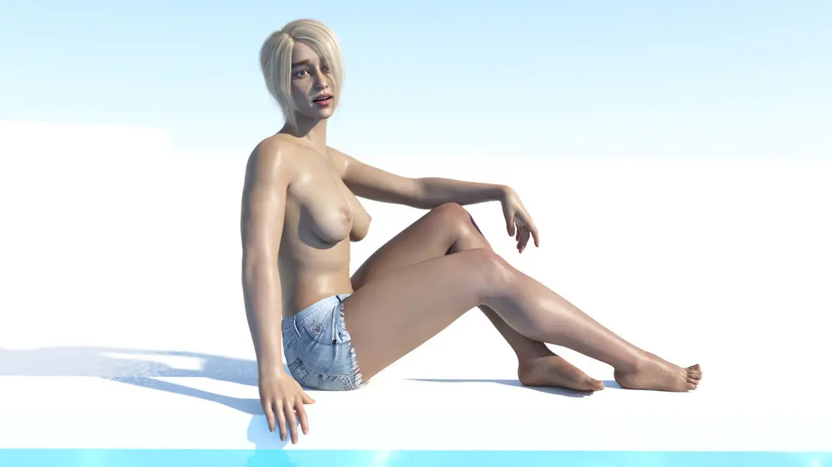 Image 1girls,female,blonde_hair,original,3d,topless,shorts,topless_female,denim_shorts,ironclawroo