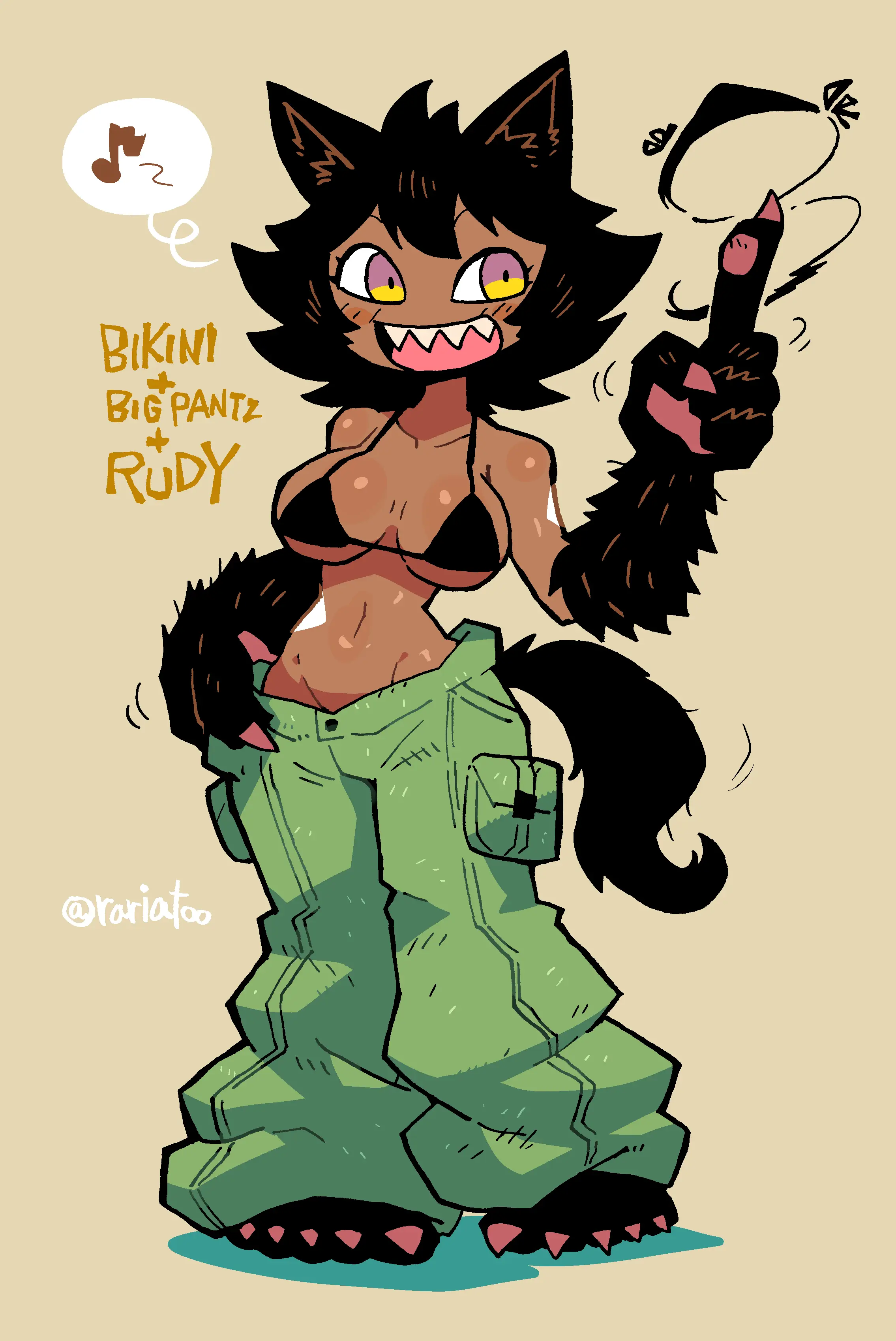 Image 1girls, blush, female, female_only, looking_at_viewer, open_mouth, pants, simple_background, solo, tail, dark_skin, smiling, smiling_at_viewer, midriff, text, original, original_character, dark-skinned_female, sharp_teeth, canine, paws, bikini_top, english_text, wolf_ears, wolf_tail, speech_bubble, werewolf, werewolf_girl, pawpads, musical_note, crap-man, dripped_out, loose_pants, rariatto_(ganguri), rudy_the_werewolf_(crap-man)