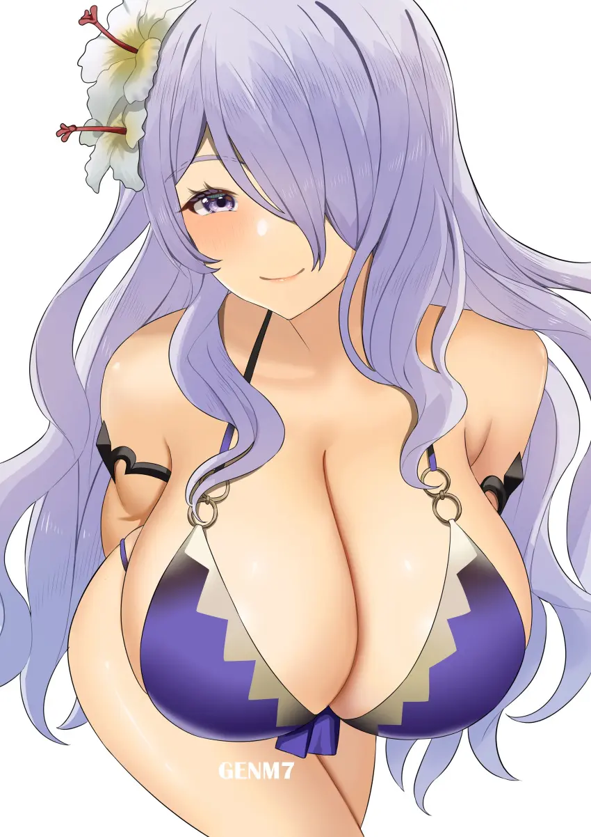 Image 1girls, breasts, female, hair_ornament, highres, large_breasts, light-skinned_female, light_skin, long_hair, looking_at_viewer, simple_background, smile, solo, very_long_hair, white_background, absurdres, bikini, hair_over_one_eye, artist_name, cleavage, wavy_hair, swimsuit, purple_eyes, alternate_version_available, purple_hair, nintendo, upper_body, official_alternate_costume, alternate_costume, flower, hair_flower, fire_emblem, fire_emblem_heroes, fire_emblem_fates, o-ring, purple_bikini, sarong, purple_swimsuit, camilla_(fire_emblem), genm7, o-ring_bikini