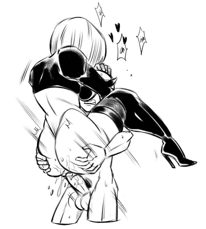 Image 1girls,female,1boy,male,android_18,dragon_ball,krillin,kuririn,crossover,nier:_automata,yorha_2b,yorha_2b_(cosplay),funsexydragonball